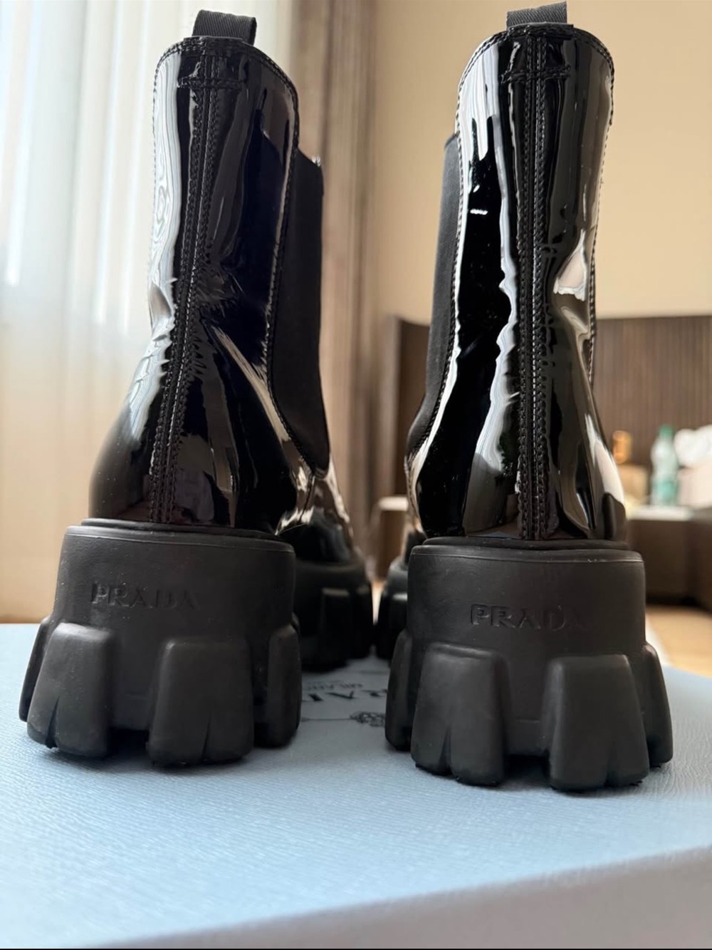 Prada Black Patent Lug-Sole Chelsea Boots - Picture 6 of 10